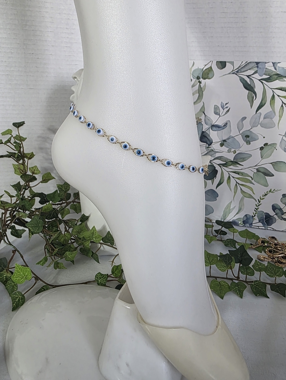 Gold Filled Anklet Ankle Bracelet White with Blue Evil Eye Design